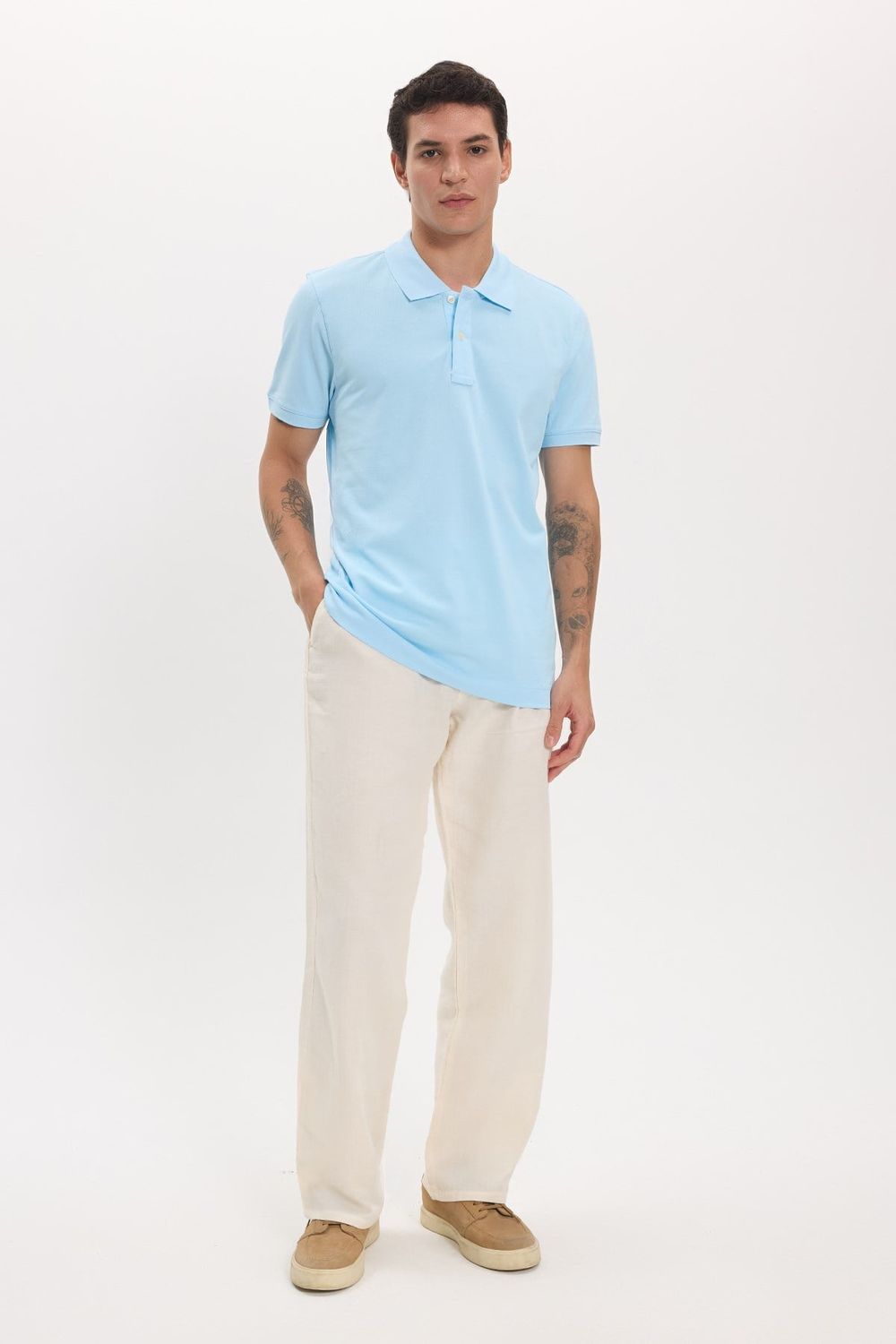 Erkek Slim Fit Dar Kesim Premium Seri %100 Pamuk Yumuşak Dokulu Merserize Mavi Polo Yaka Tişört 