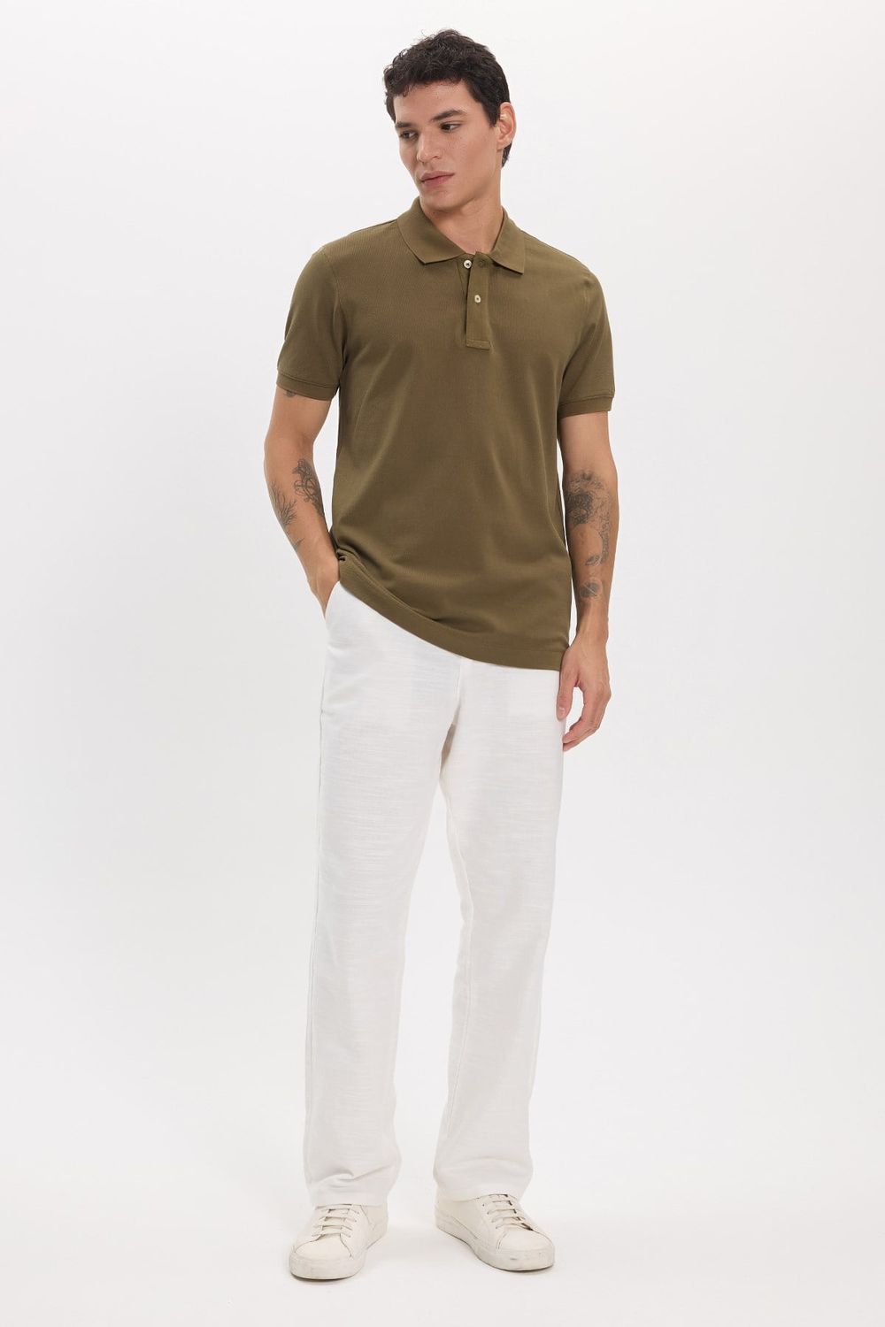 Erkek Slim Fit Dar Kesim Premium Seri %100 Pamuk Yumuşak Dokulu Merserize Haki Polo Yaka Tişört 