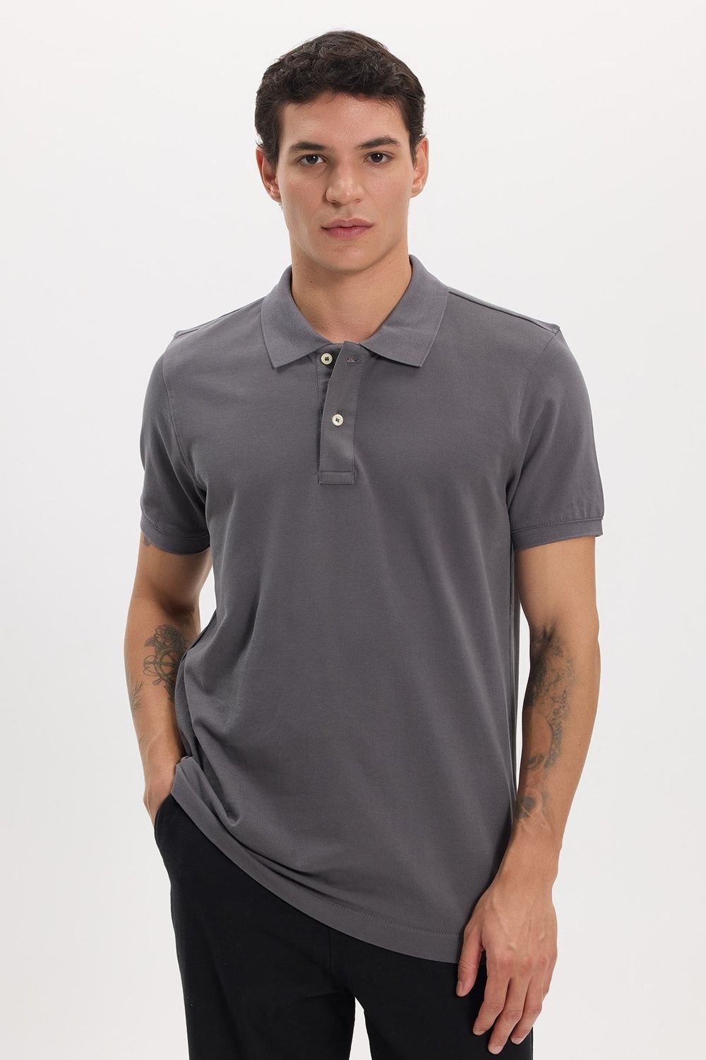 Erkek Slim Fit Dar Kesim Premium Seri %100 Pamuk Yumuşak Dokulu Merserize Gri Polo Yaka Tişört 