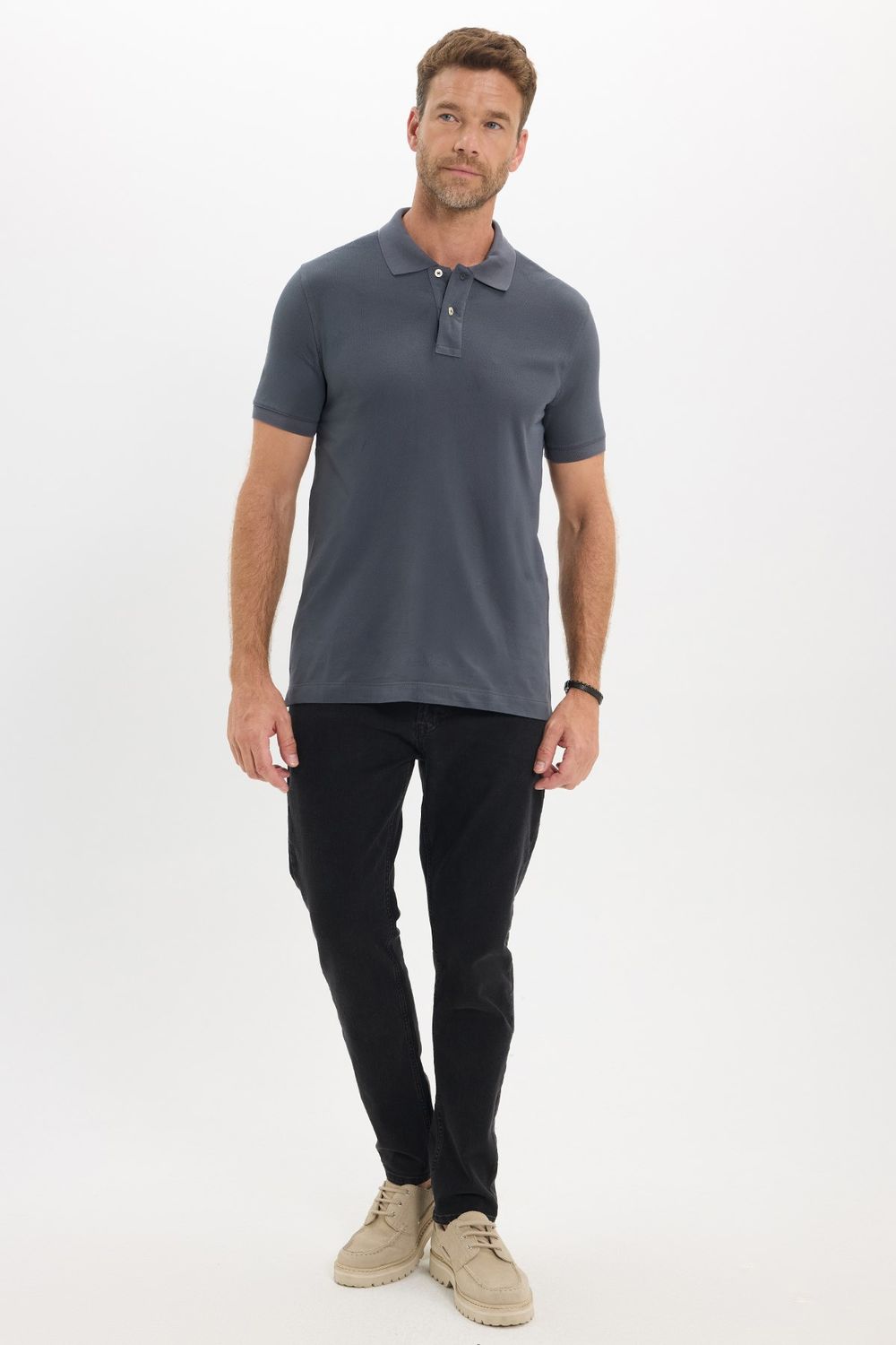 Erkek Slim Fit Dar Kesim Premium Seri %100 Pamuk Yumuşak Dokulu Merserize Gri Polo Yaka Tişört 