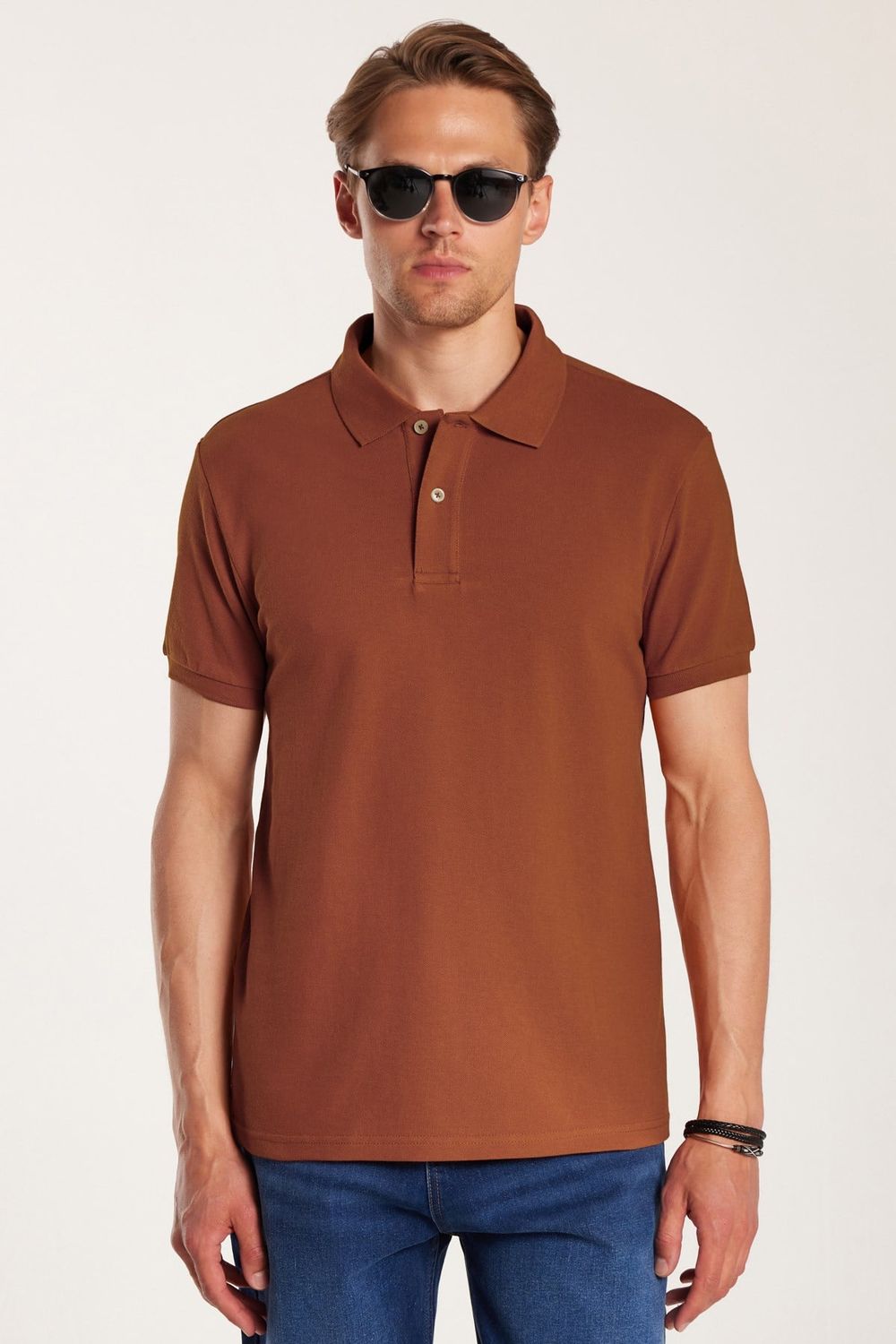 Erkek Slim Fit Dar Kesim Premium Seri %100 Pamuk Yumuşak Dokulu Merserize Kahverengi Polo Yaka Tişört 
