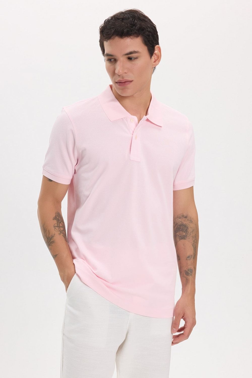 Erkek Slim Fit Dar Kesim Premium Seri %100 Pamuk Yumuşak Dokulu Merserize Pembe Polo Yaka Tişört 