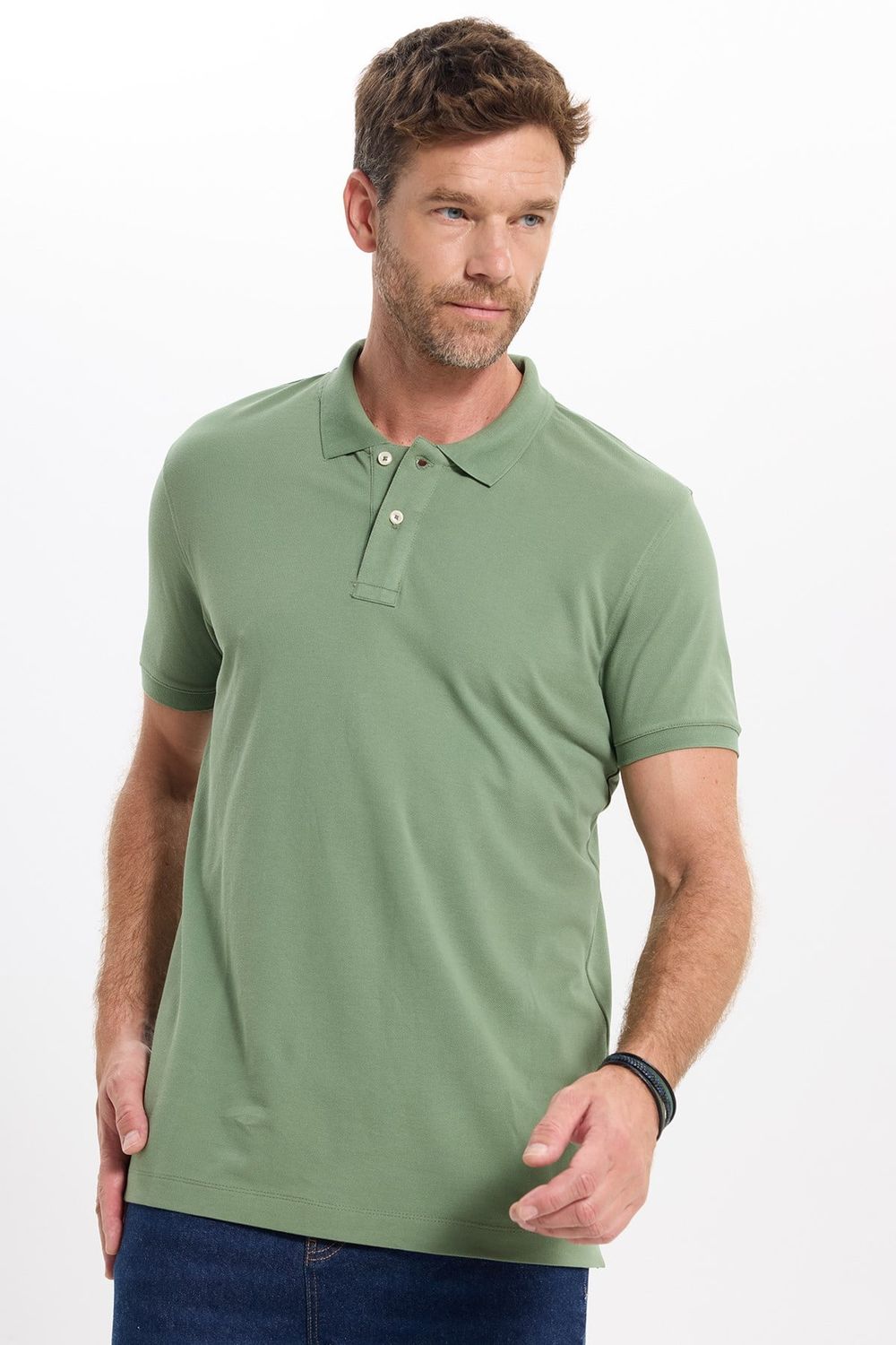 Erkek Slim Fit Dar Kesim Premium Seri %100 Pamuk Yumuşak Dokulu Merserize Yeşil Polo Yaka Tişört 