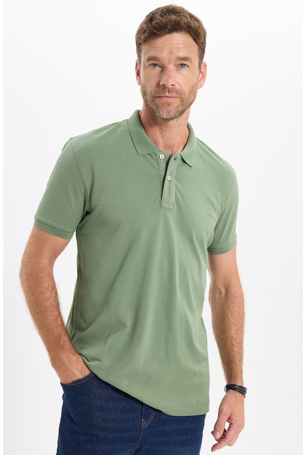 Erkek Slim Fit Dar Kesim Premium Seri %100 Pamuk Yumuşak Dokulu Merserize Yeşil Polo Yaka Tişört 