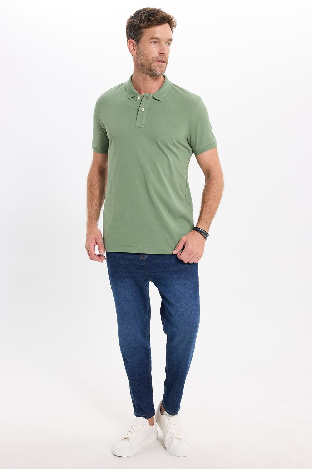 Erkek Slim Fit Dar Kesim Premium Seri %100 Pamuk Yumuşak Dokulu Merserize Yeşil Polo Yaka Tişört 