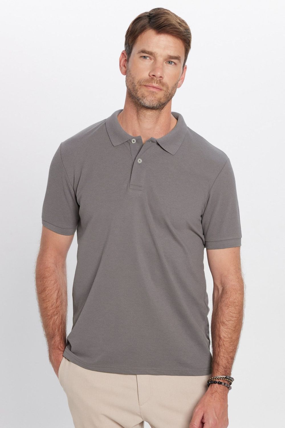 Erkek Slim Fit Dar Kesim Premium Seri %100 Pamuk Yumuşak Dokulu Merserize Gri Polo Yaka Tişört 