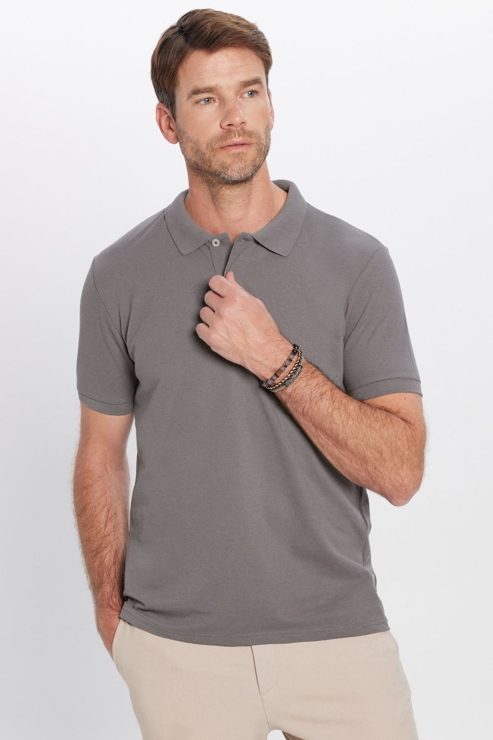 Erkek Slim Fit Dar Kesim Premium Seri %100 Pamuk Yumuşak Dokulu Merserize Gri Polo Yaka Tişört 