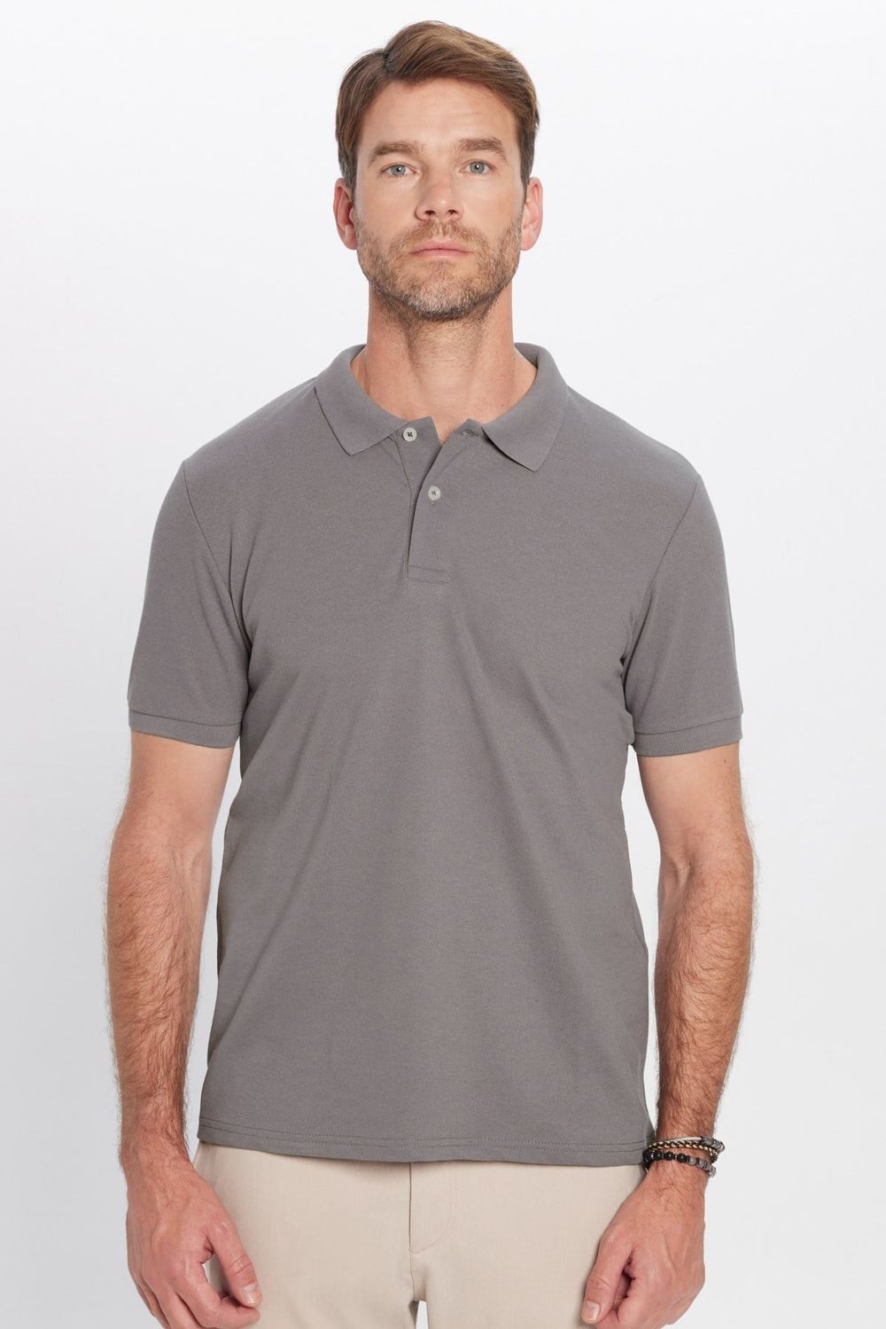 Erkek Slim Fit Dar Kesim Premium Seri %100 Pamuk Yumuşak Dokulu Merserize Gri Polo Yaka Tişört 