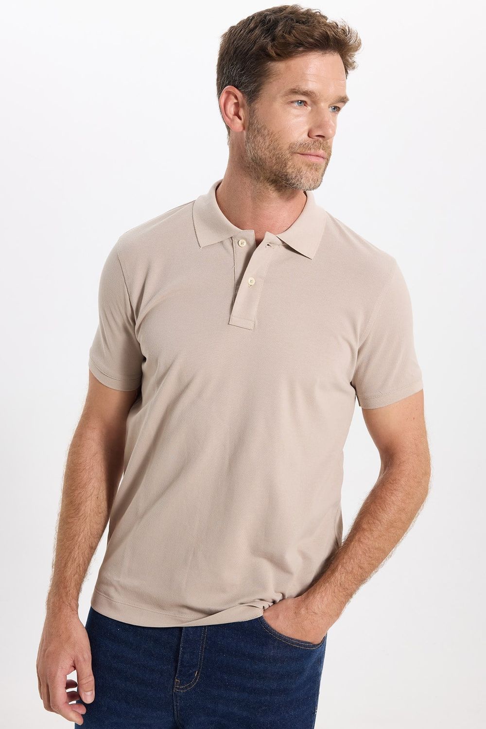 Erkek Slim Fit Dar Kesim Premium Seri %100 Pamuk Yumuşak Dokulu Merserize Bej Polo Yaka Tişört 