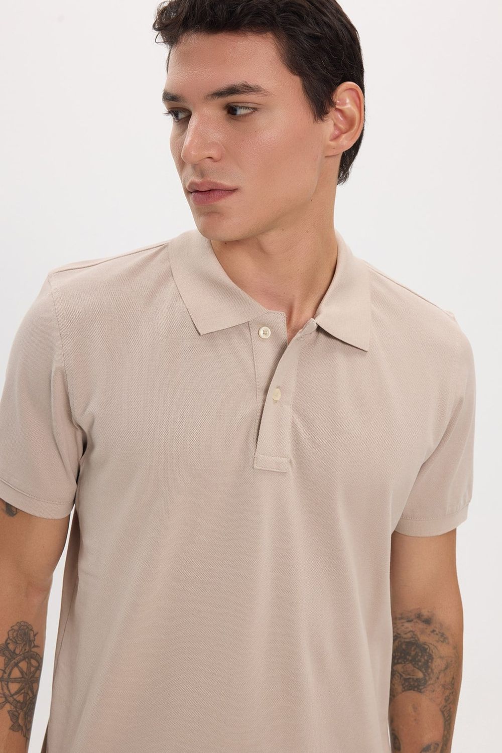 Erkek Slim Fit Dar Kesim Premium Seri %100 Pamuk Yumuşak Dokulu Merserize Bej Polo Yaka Tişört 