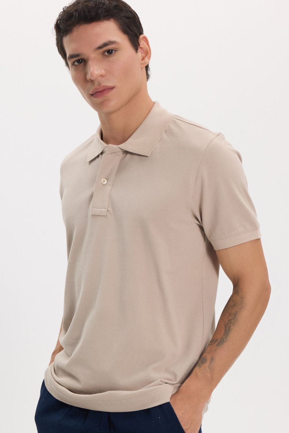 Erkek Slim Fit Dar Kesim Premium Seri %100 Pamuk Yumuşak Dokulu Merserize Bej Polo Yaka Tişört 