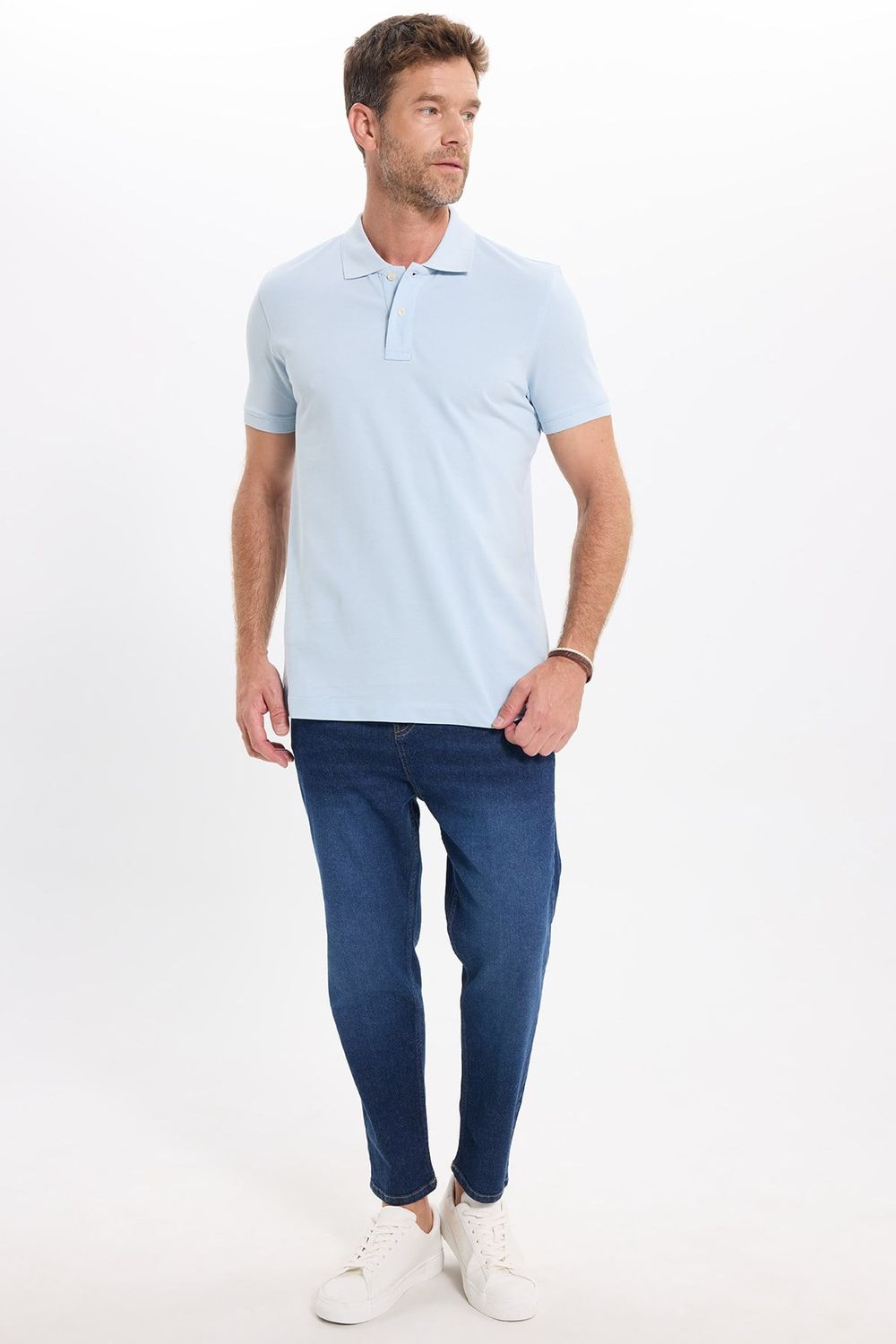 Erkek Slim Fit Dar Kesim Premium Seri %100 Pamuk Yumuşak Dokulu Merserize Açık Mavi Polo Yaka Tişört 
