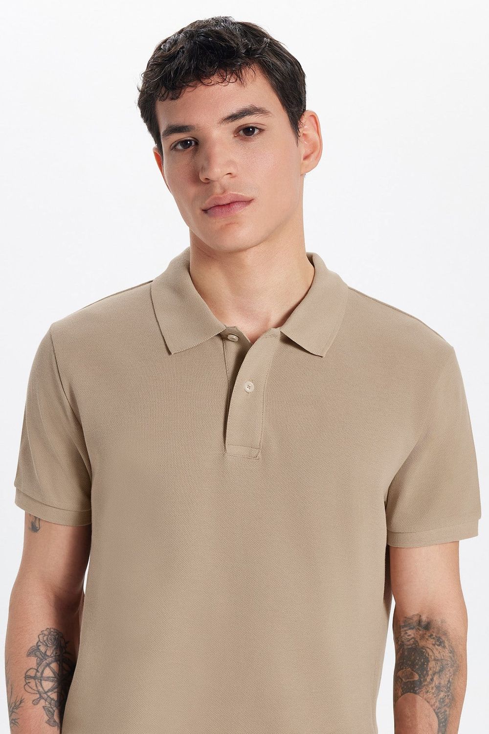 Erkek Slim Fit Dar Kesim Premium Seri %100 Pamuk Yumuşak Dokulu Merserize Bej Polo Yaka Tişört 