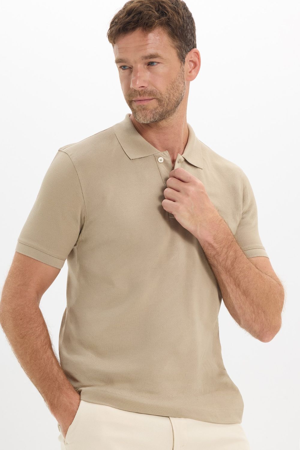 Erkek Slim Fit Dar Kesim Premium Seri %100 Pamuk Yumuşak Dokulu Merserize Bej Polo Yaka Tişört 
