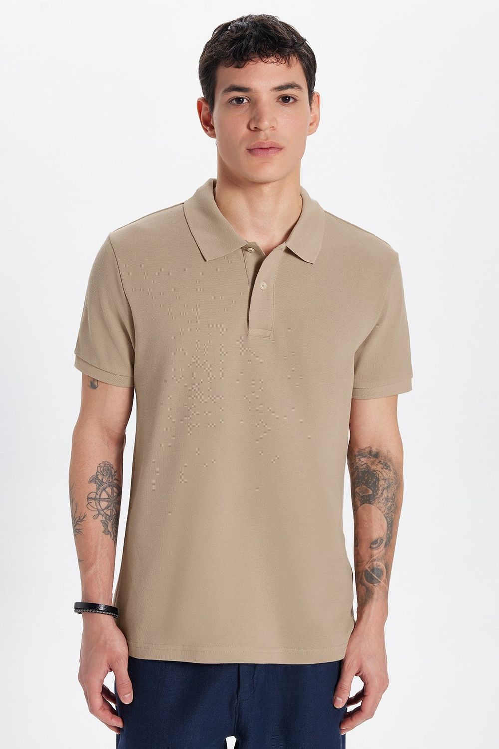 Erkek Slim Fit Dar Kesim Premium Seri %100 Pamuk Yumuşak Dokulu Merserize Bej Polo Yaka Tişört 