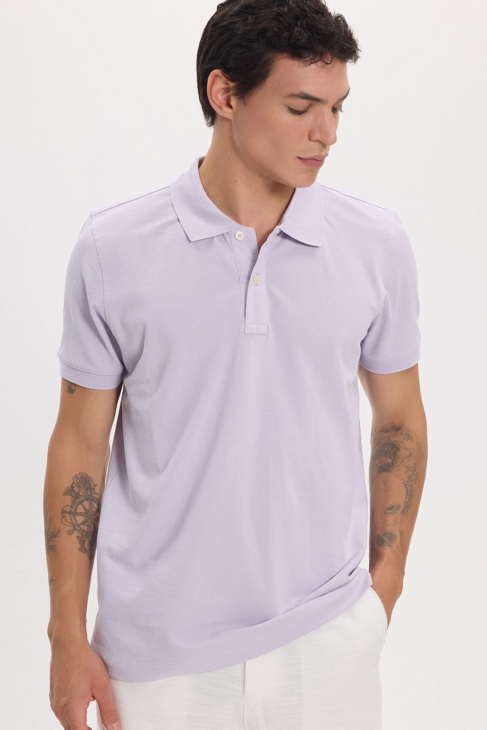 Erkek Slim Fit Dar Kesim Premium Seri %100 Pamuk Yumuşak Dokulu Merserize Lila Polo Yaka Tişört 