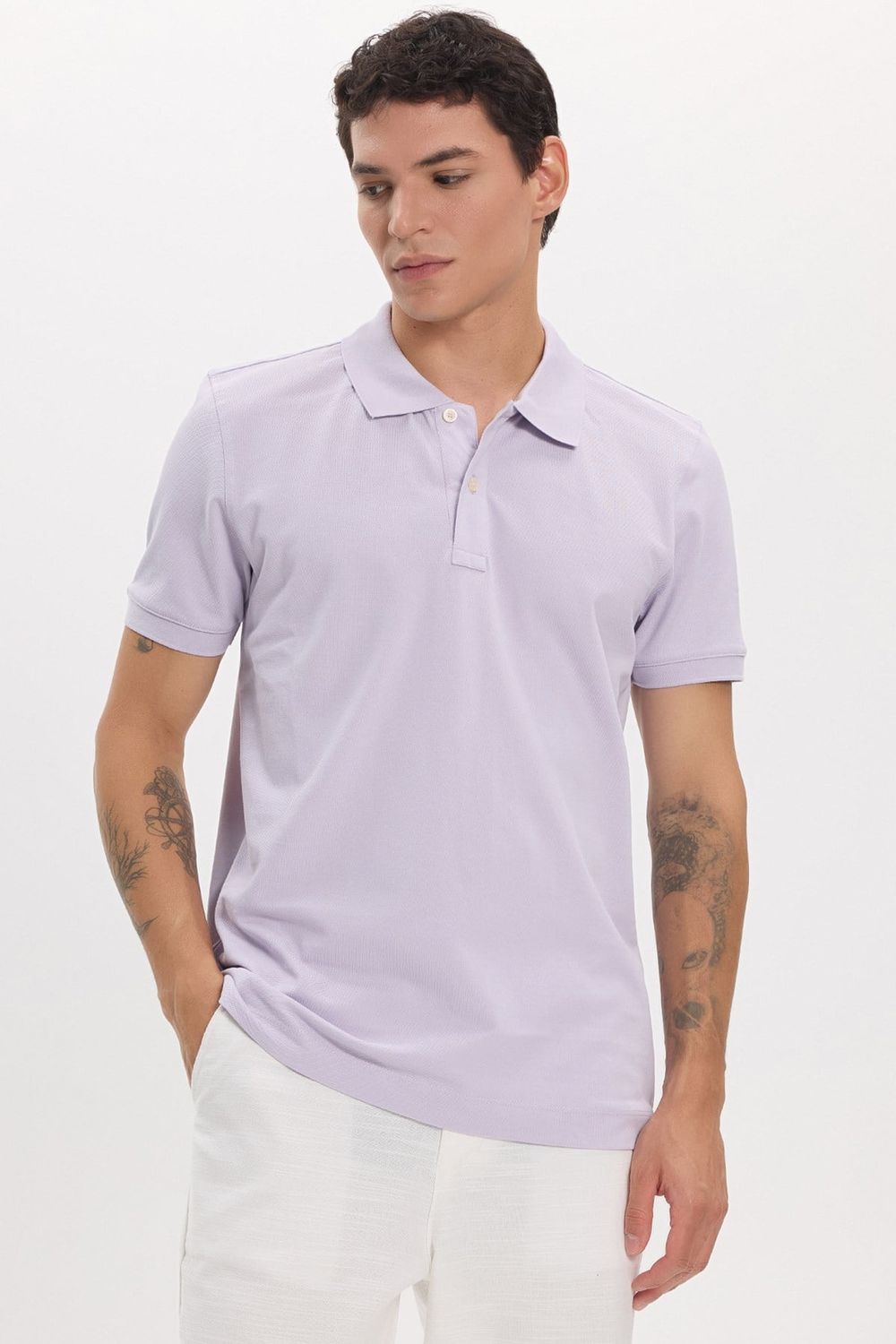 Erkek Slim Fit Dar Kesim Premium Seri %100 Pamuk Yumuşak Dokulu Merserize Lila Polo Yaka Tişört 