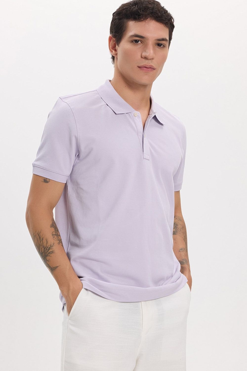 Erkek Slim Fit Dar Kesim Premium Seri %100 Pamuk Yumuşak Dokulu Merserize Lila Polo Yaka Tişört 