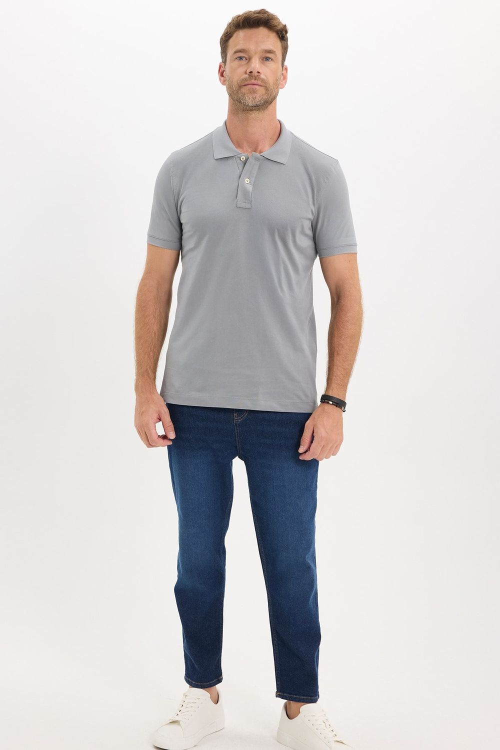 Erkek Slim Fit Dar Kesim Premium Seri %100 Pamuk Yumuşak Dokulu Merserize Gri Polo Yaka Tişört 