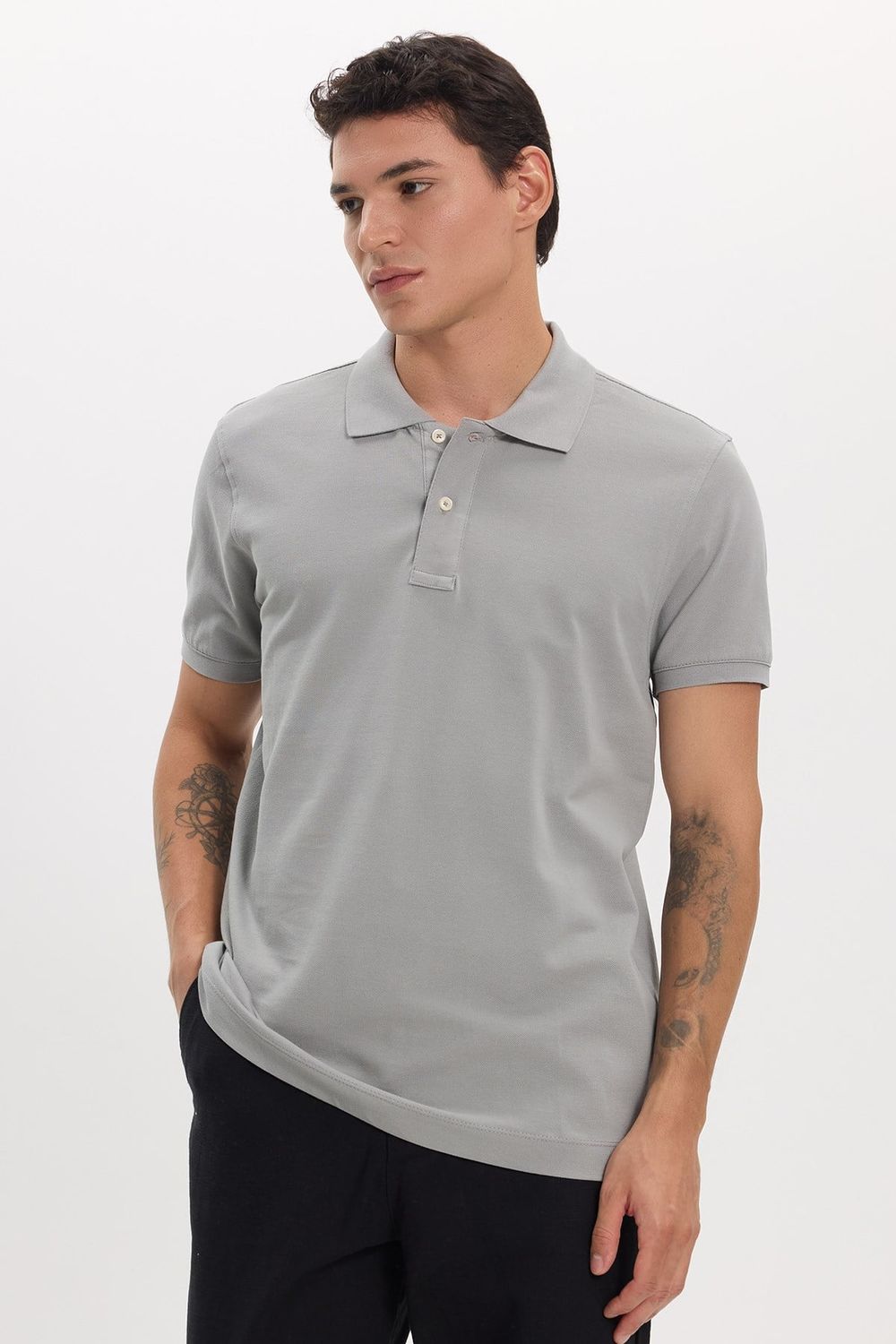 Erkek Slim Fit Dar Kesim Premium Seri %100 Pamuk Yumuşak Dokulu Merserize Gri Polo Yaka Tişört 