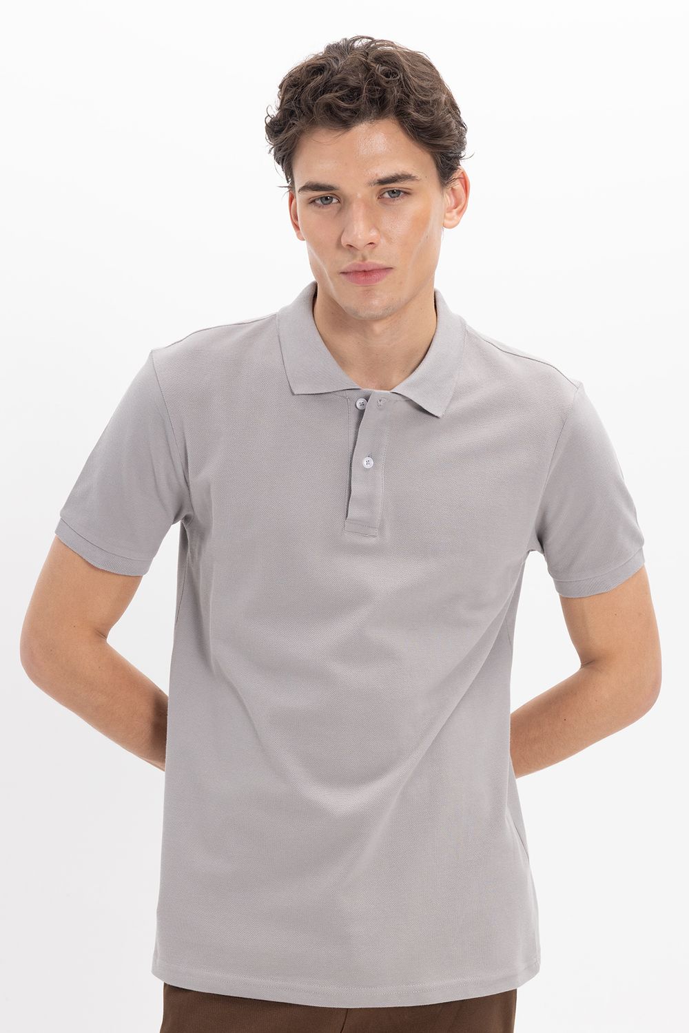 Erkek Slim Fit Dar Kesim %100 Pamuk Kısa Kollu Polo Yaka Gri Tişört