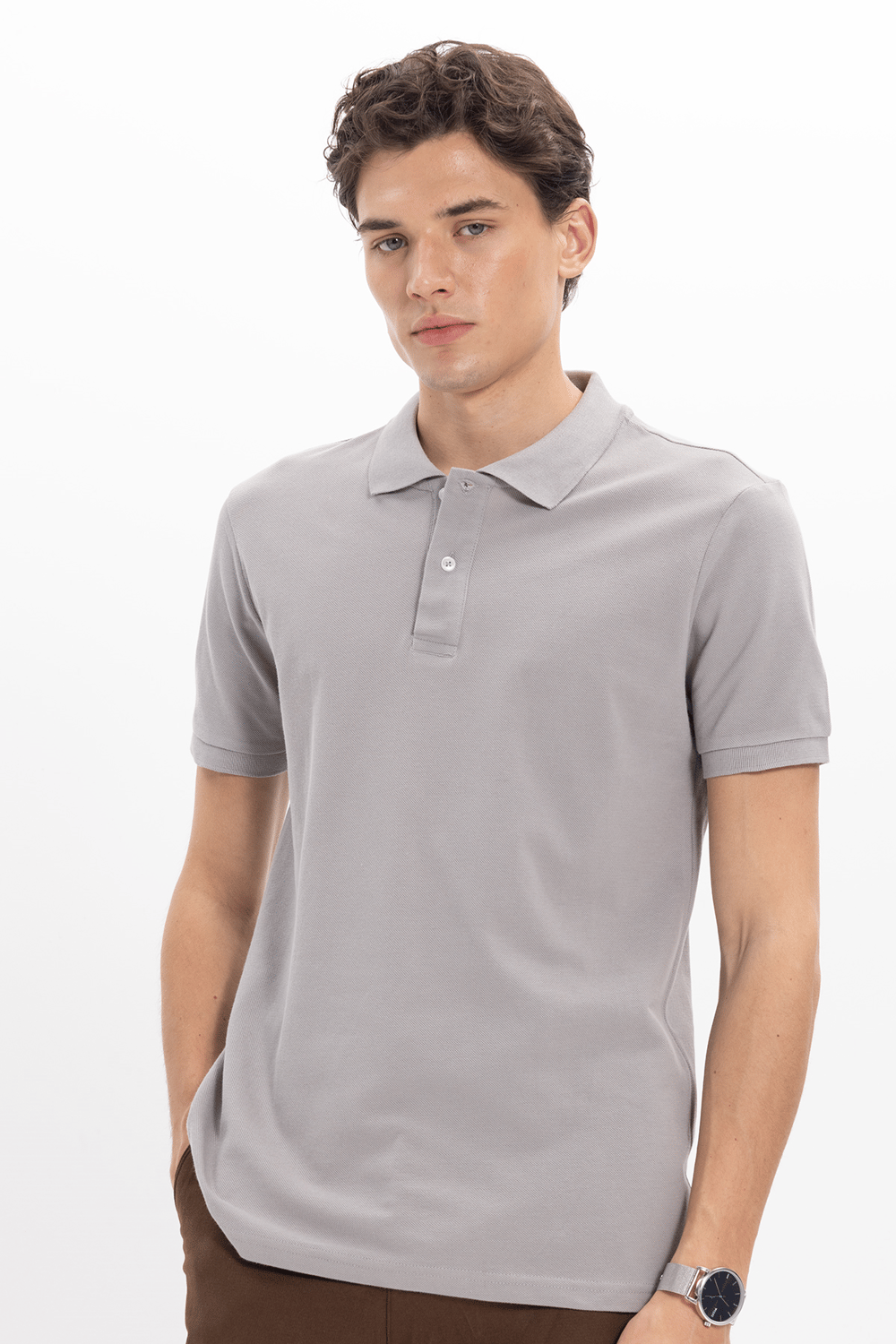 Erkek Slim Fit Dar Kesim %100 Pamuk Kısa Kollu Polo Yaka Gri Tişört