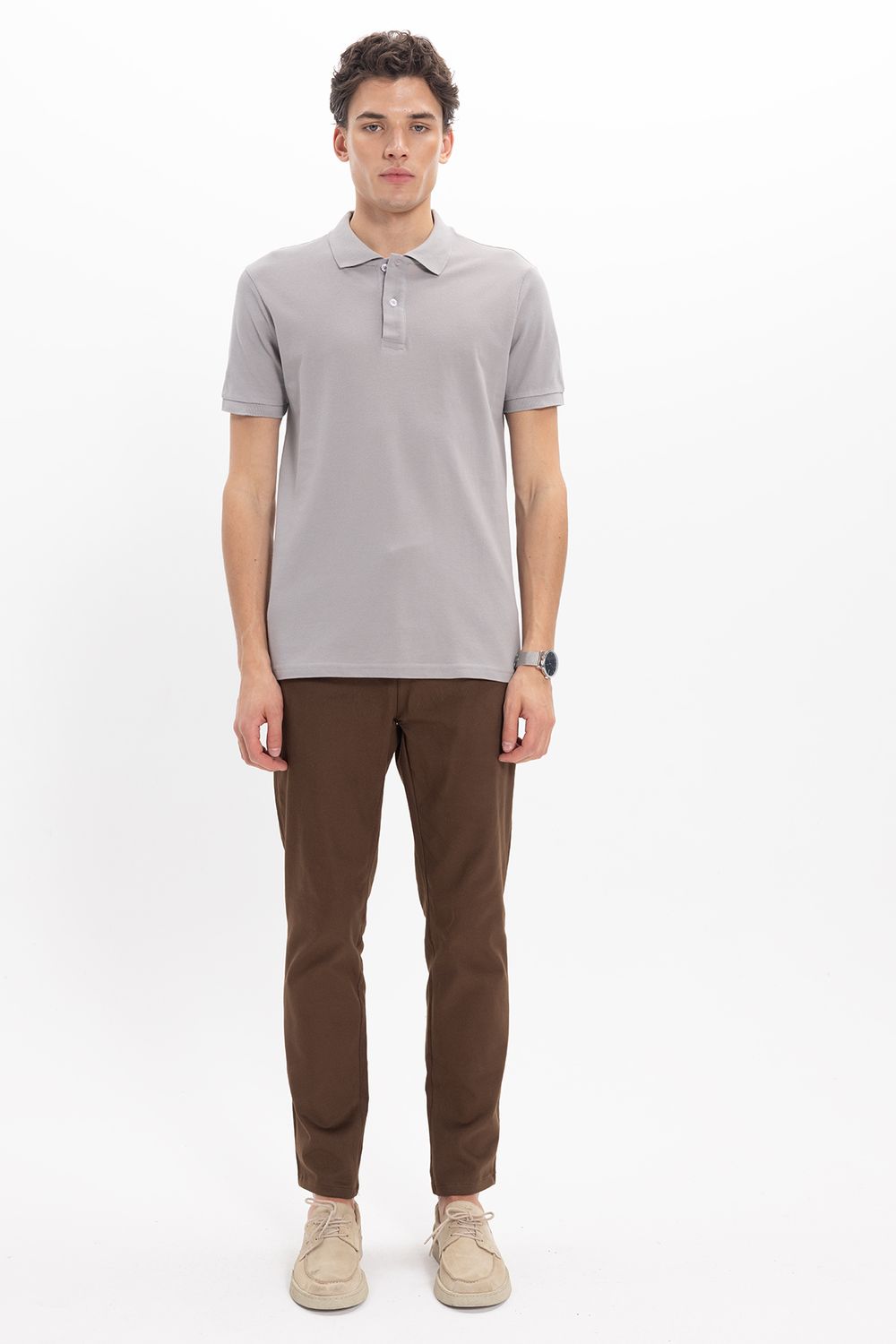 Erkek Slim Fit Dar Kesim %100 Pamuk Kısa Kollu Polo Yaka Gri Tişört