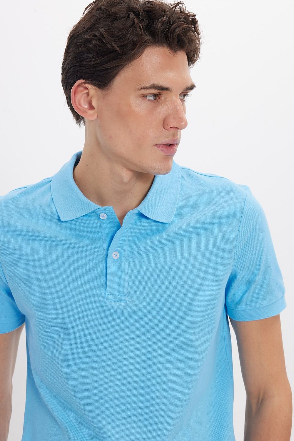 Erkek Slim Fit Dar Kesim %100 Pamuk Kısa Kollu Polo Yaka Mavi Tişört