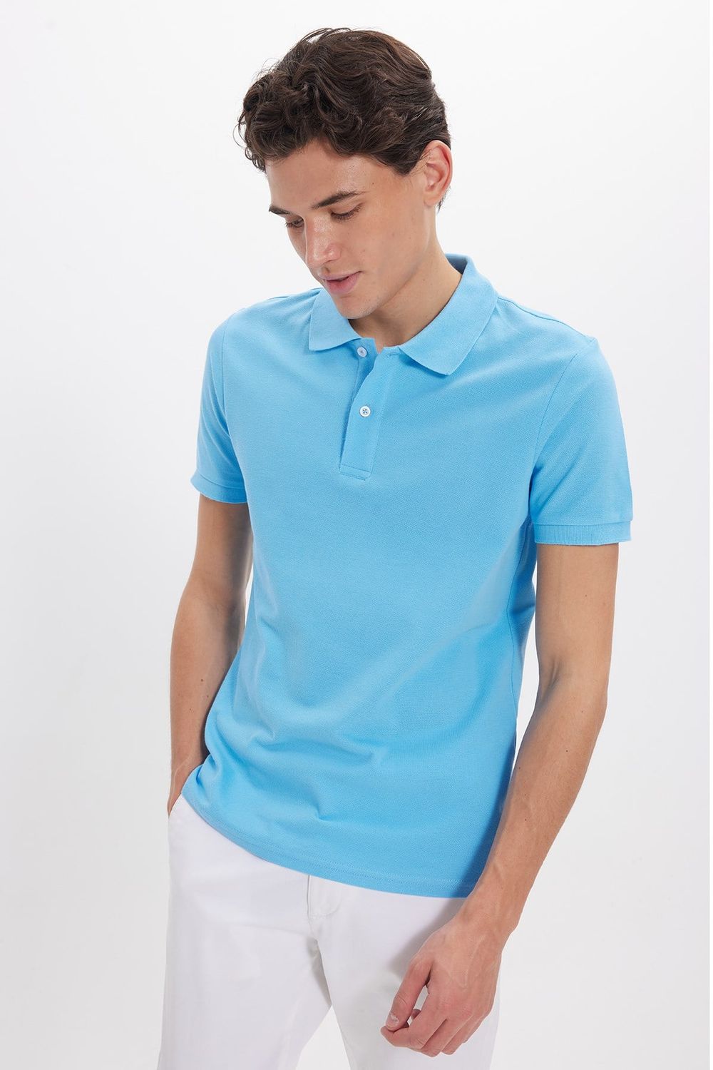 Erkek Slim Fit Dar Kesim %100 Pamuk Kısa Kollu Polo Yaka Mavi Tişört