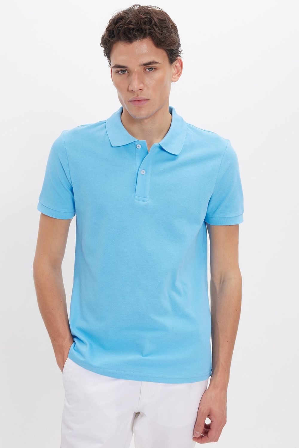 Erkek Slim Fit Dar Kesim %100 Pamuk Kısa Kollu Polo Yaka Mavi Tişört