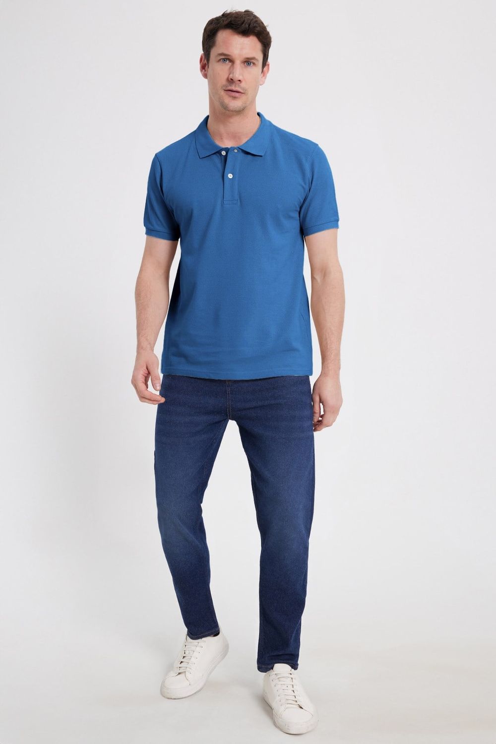Erkek Slim Fit Dar Kesim %100 Pamuk Kısa Kollu Polo Yaka Mavi Tişört