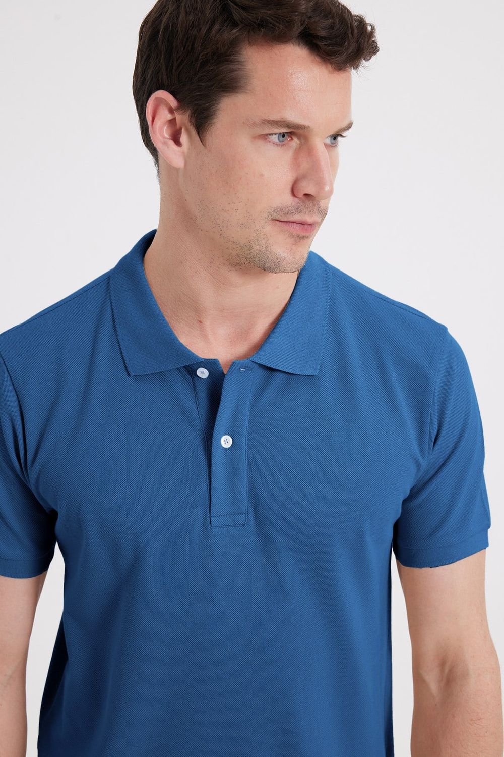 Erkek Slim Fit Dar Kesim %100 Pamuk Kısa Kollu Polo Yaka Mavi Tişört