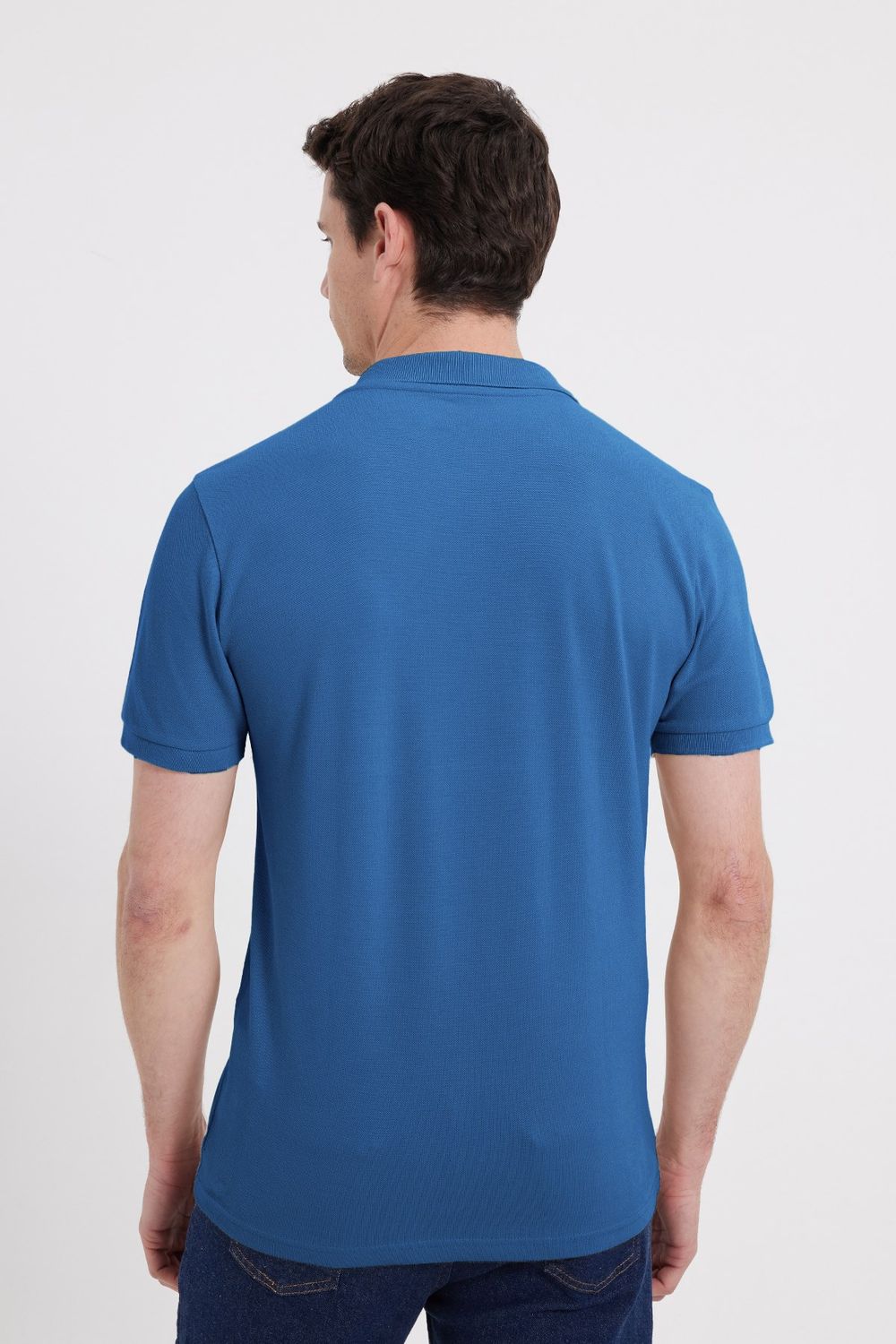Erkek Slim Fit Dar Kesim %100 Pamuk Kısa Kollu Polo Yaka Mavi Tişört