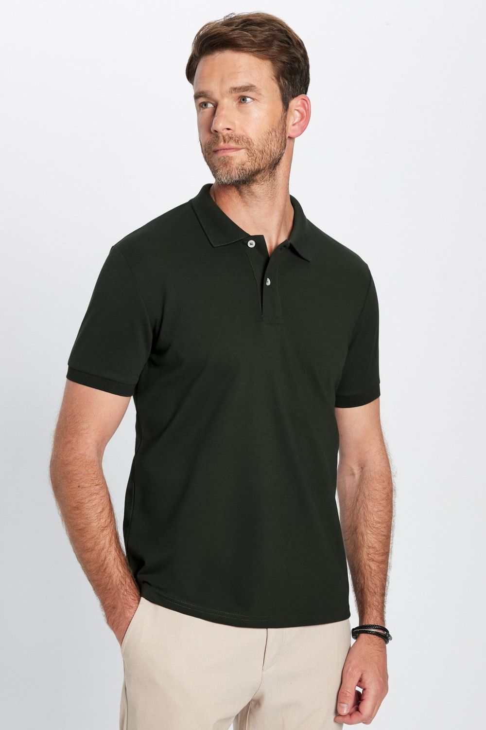 Erkek Slim Fit Dar Kesim %100 Pamuk Kısa Kollu Polo Yaka Haki Tişört