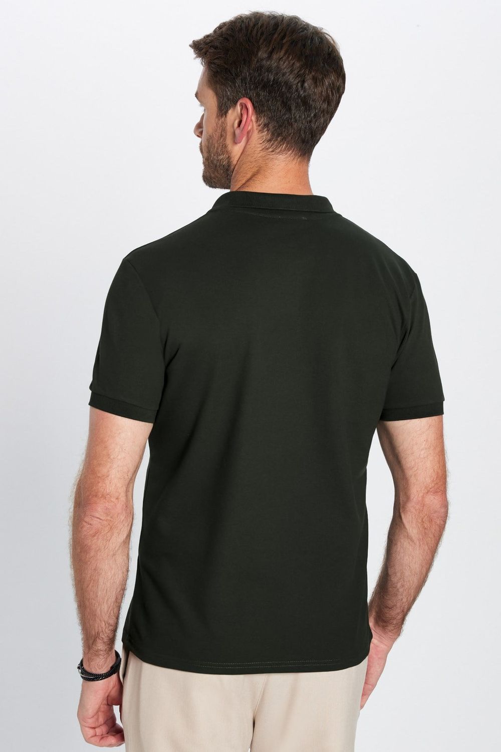 Erkek Slim Fit Dar Kesim %100 Pamuk Kısa Kollu Polo Yaka Haki Tişört