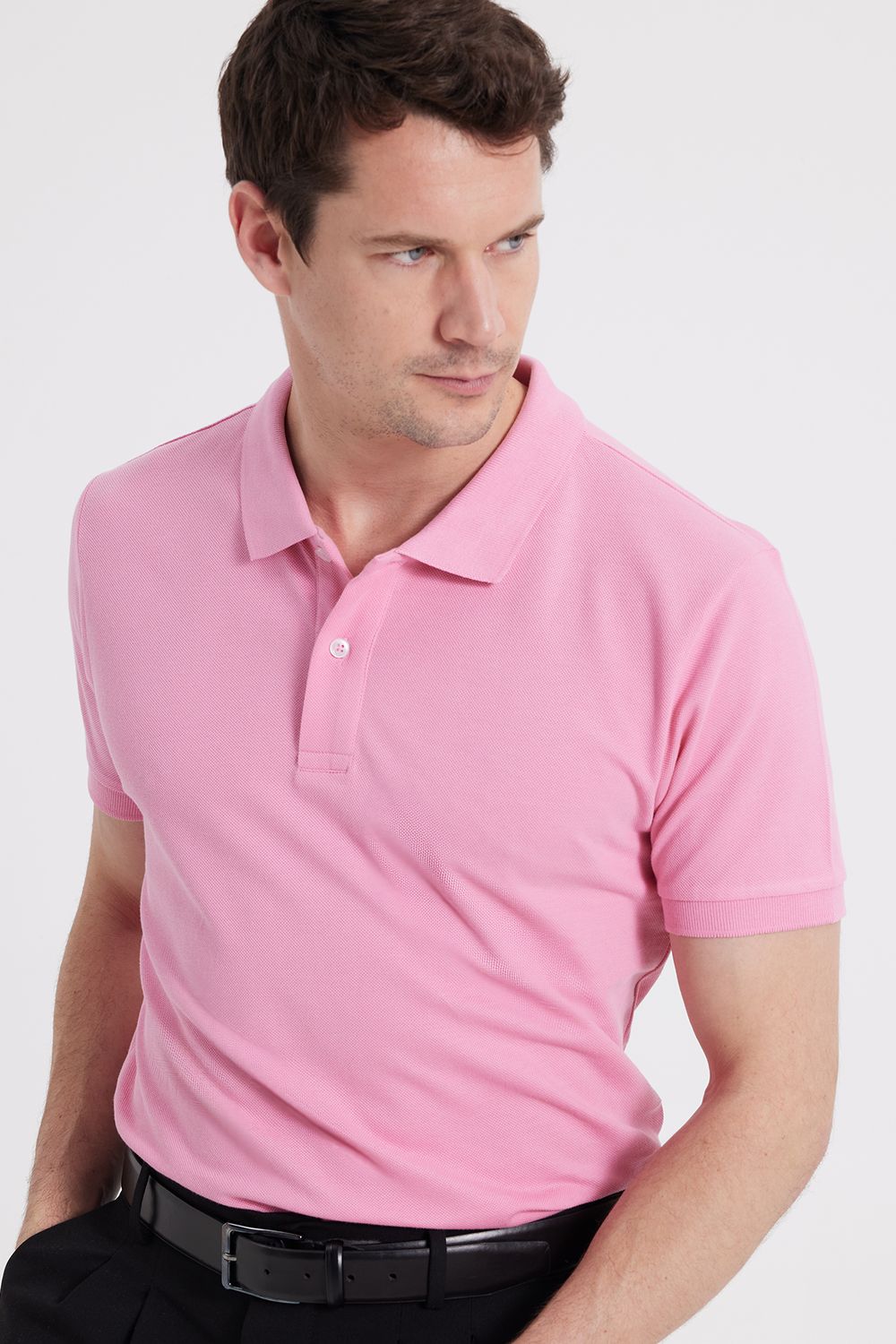 Erkek Slim Fit Dar Kesim %100 Pamuk Pembe Polo Yaka Tişört