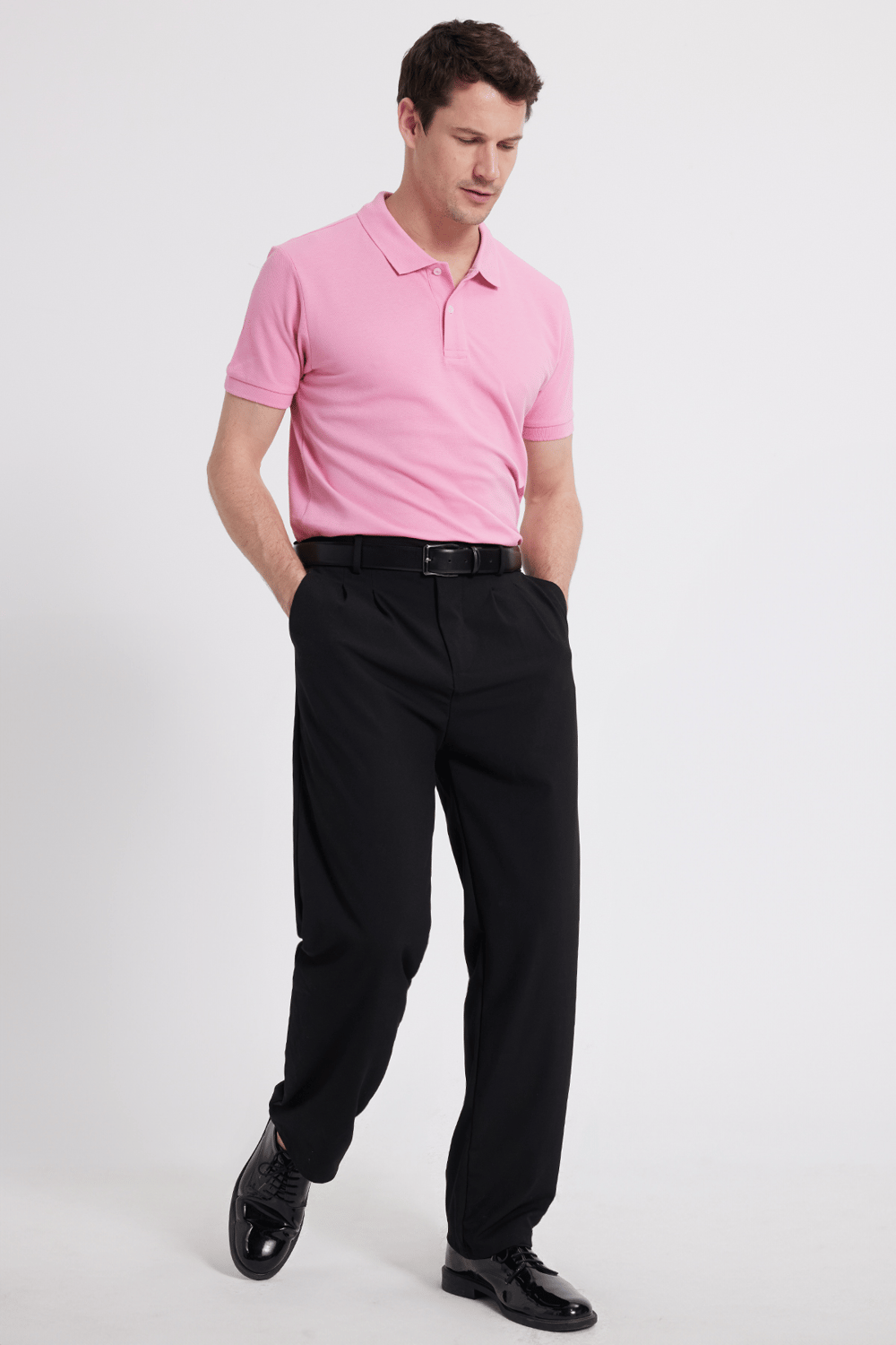 Erkek Slim Fit Dar Kesim %100 Pamuk Pembe Polo Yaka Tişört