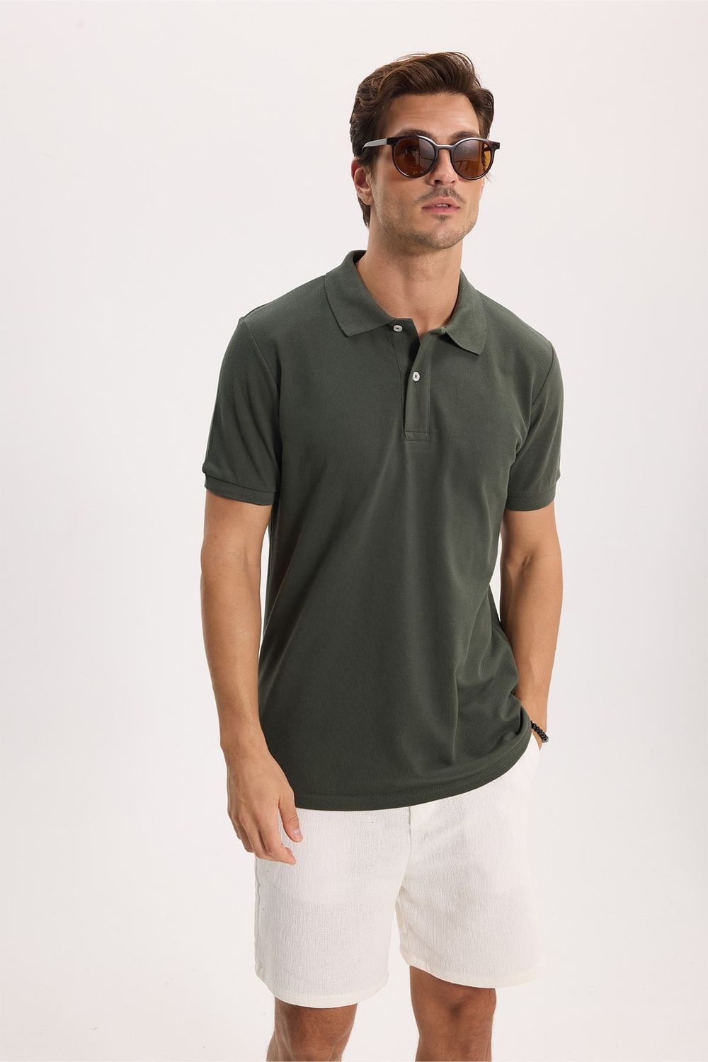 Erkek Slim Fit Dar Kesim %100 Pamuk Kısa Kollu Polo Yaka Yeşil Tişört