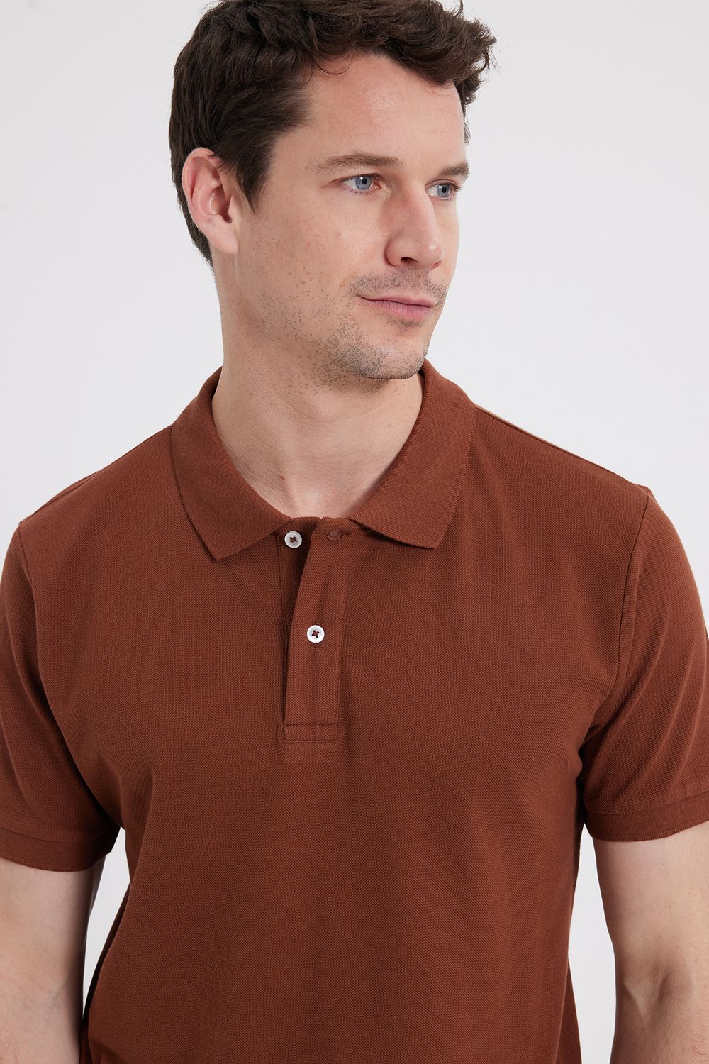 Erkek Slim Fit Dar Kesim %100 Pamuk Kahverengi Polo Yaka Tişört