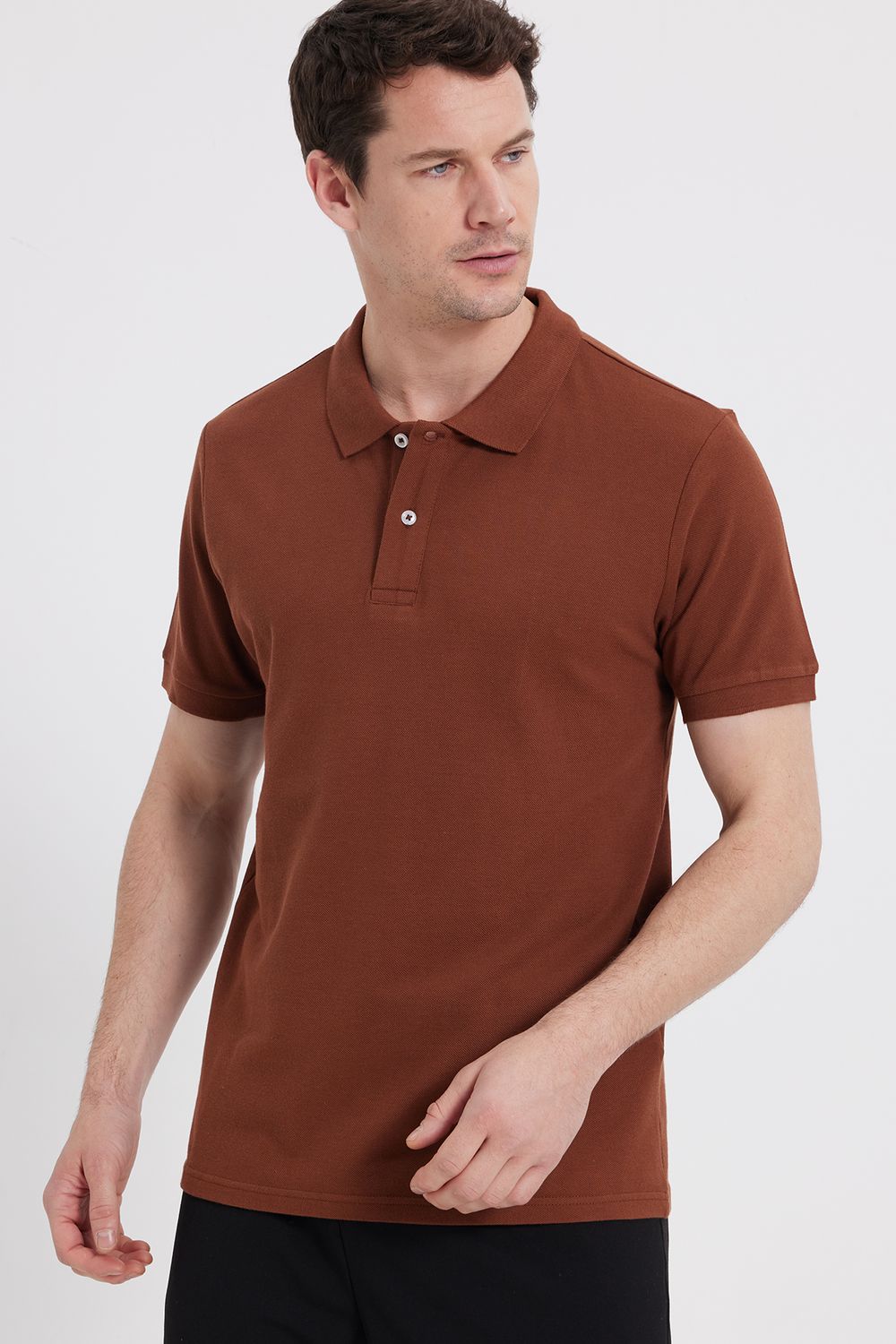 Erkek Slim Fit Dar Kesim %100 Pamuk Kahverengi Polo Yaka Tişört