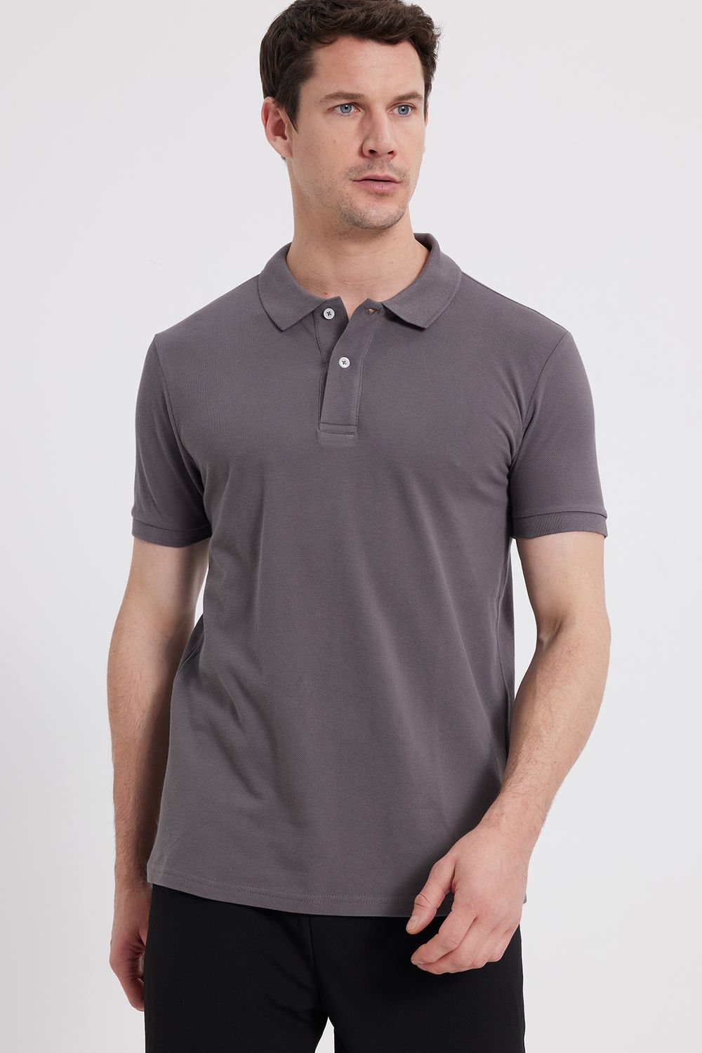 Erkek Slim Fit Dar Kesim %100 Pamuk Gri Polo Yaka Tişört