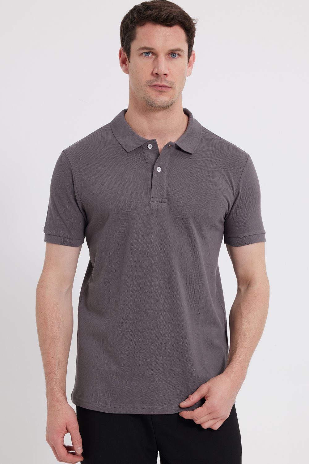 Erkek Slim Fit Dar Kesim %100 Pamuk Gri Polo Yaka Tişört