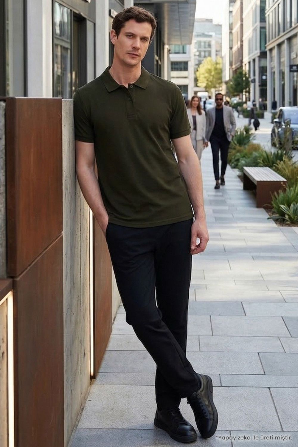 Erkek Slim Fit Dar Kesim %100 Pamuk Kısa Kollu Polo Yaka Haki Tişört