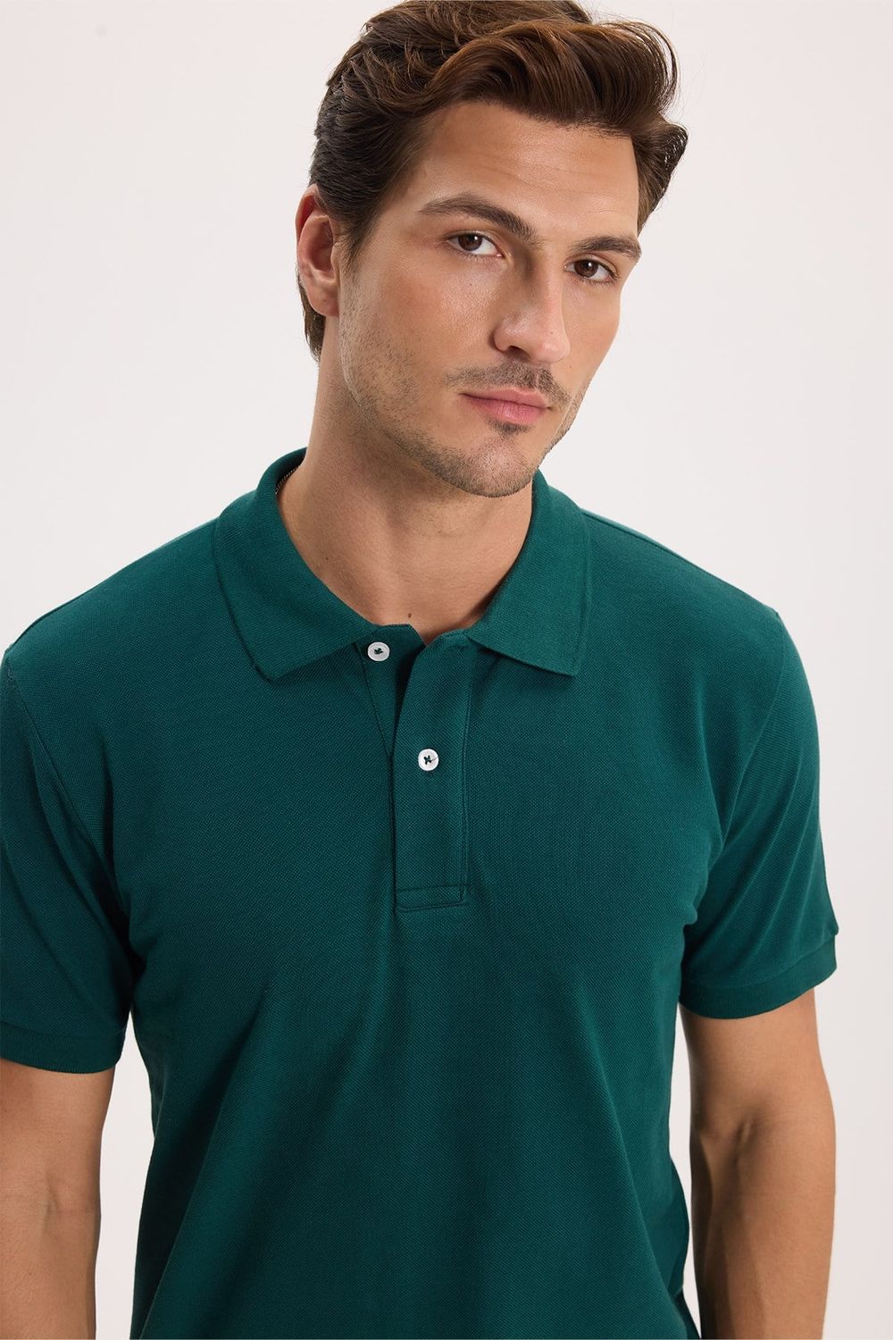Erkek Slim Fit Dar Kesim %100 Pamuk Kısa Kollu Polo Yaka Yeşil Tişört