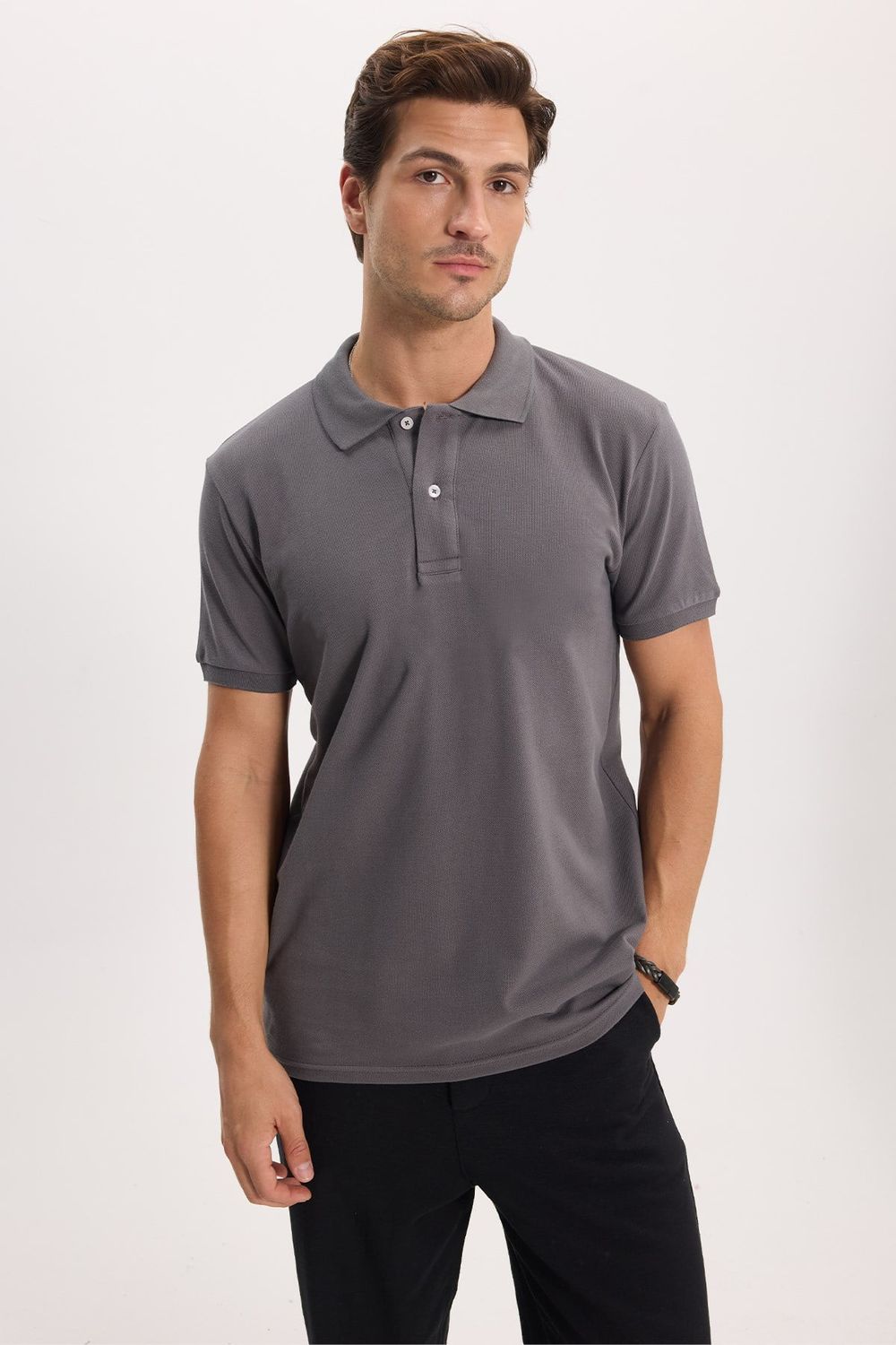 Erkek Slim Fit Dar Kesim %100 Pamuk Kısa Kollu Polo Yaka Antrasit Tişört