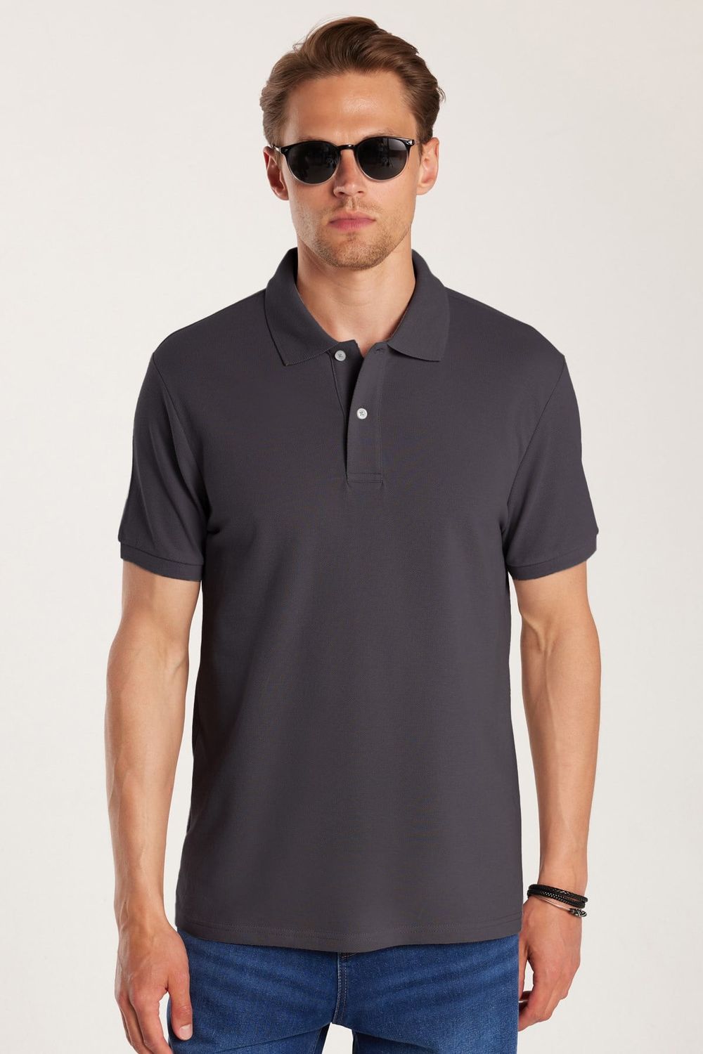 Erkek Slim Fit Dar Kesim %100 Pamuk Kısa Kollu Polo Yaka Antrasit Tişört