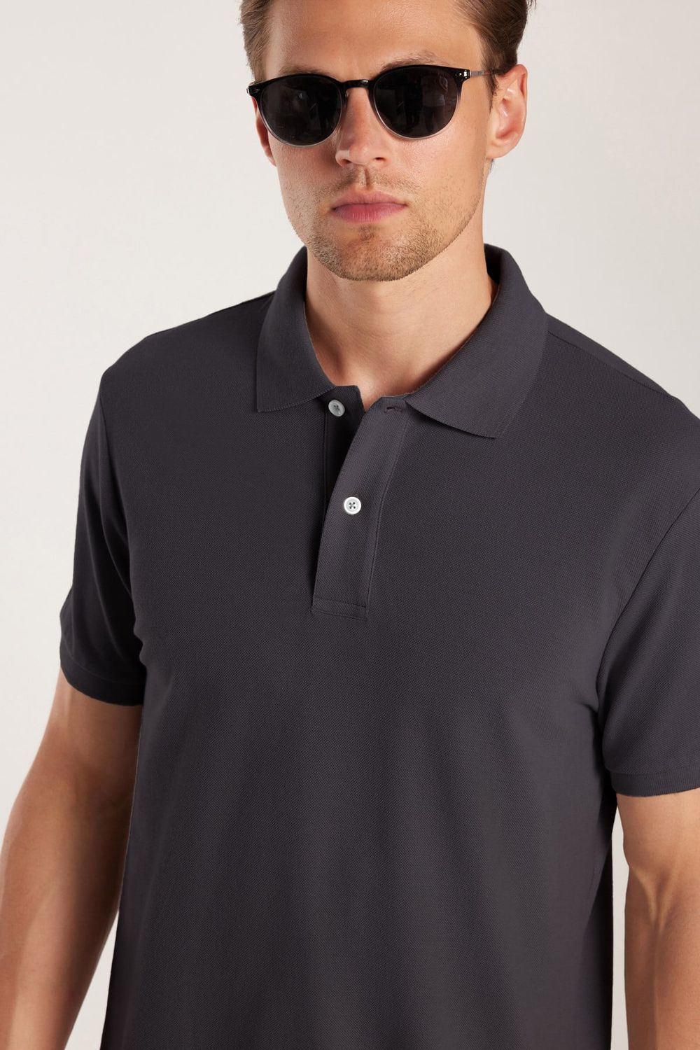 Erkek Slim Fit Dar Kesim %100 Pamuk Kısa Kollu Polo Yaka Antrasit Tişört