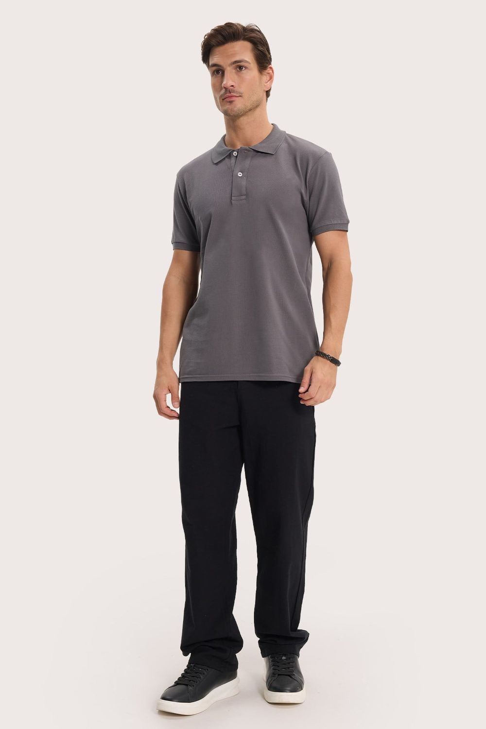 Erkek Slim Fit Dar Kesim %100 Pamuk Kısa Kollu Polo Yaka Antrasit Tişört