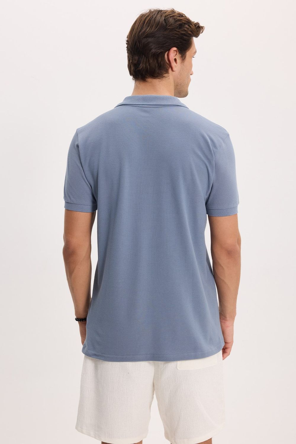 Erkek Slim Fit Dar Kesim %100 Pamuk Kısa Kollu Polo Yaka İndigo Tişört