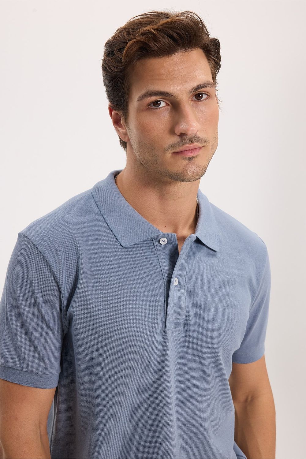 Erkek Slim Fit Dar Kesim %100 Pamuk Kısa Kollu Polo Yaka İndigo Tişört